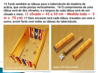 15 Farás também as tábuas para o tabernáculo de madeira de acácia, que serão postas verticalmente. 16 O comprimento de uma tábua será de dez côvados, e a largura de cada tábua será de um côvado e meio. (1 côvado = 45 a 50 cm – Medida toda = 5 m x 70 cm) 17 Dois encaixes terá cada tábua, travados um com o outro; assim farás com todas as tábuas do tabernáculo.  