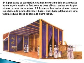 24 E por baixo se ajuntarão, e também em cima dele se ajuntarão numa argola. Assim se fará com as duas tábuas; ambas serão por tábuas para os dois cantos. 25 Assim serão as oito tábuas com as suas bases de prata, dezesseis bases; duas bases debaixo de uma tábua, e duas bases debaixo da outra tábua.  