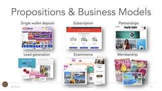 Propositions & Business Models
07/10/16 Roost Consulting limited 11
Single wallet deposit Subscription Partnerships
Lead generation Ecommerce Membership
 