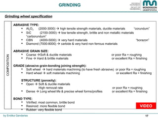 17
ABRASIVE TYPE:
 Al2O3 (2000-3000)  high tensile strength materials, ductile materials “corundum”
 SiC (2100-3000)  low tensile strength, brittle and non metallic materials
“carborundum”
 CBN (4000-5000)  very hard materials “borazon”
 Diamond (7000-8000)  carbide & very hard non ferrous materials
ABRASIVE GRAIN SIZE:
 Coarse Soft & ductile materials or poor Ra = roughing
 Fine  Hard & brittle materials or excellent Ra = finishing
GRADE (abrasive grain-bonding joining strength):
 Soft wheel  hard materials machining (to have fresh abrasive) or poor Ra = roughing
 Hard wheel  soft materials machining or excellent Ra = finishing
STRUCTURE (porosity):
 Open  Soft & ductile materials
High removal rate or poor Ra = roughing
 Dense  Long wheel life & precise wheel forms/profiles or excellent Ra = finishing
BOND TYPE:
 Vitrified: most common, brittle bond
 Resinoid: more flexible bond
 Rubber: very flexible bond
GRINDING
Grinding wheel specification
by Endika Gandarias
VIDEO
 