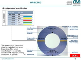 18
Grinding wheel specification
GRINDING
by Endika Gandarias
The heavy point of the grinding
wheel is marked with an arrow.
Depending of the wheel
manufacturer, it needs to be
mounted with the arrow pointing
downwards or upwards.
VIDEO
 
