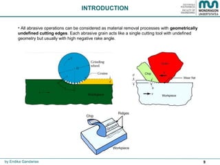 9
• All abrasive operations can be considered as material removal processes with geometrically
undefined cutting edges. Each abrasive grain acts like a single cutting tool with undefined
geometry but usually with high negative rake angle.
INTRODUCTION
by Endika Gandarias
 
