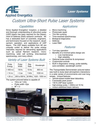 1
Variety of Laser Systems Built
Capabilities
Custom Ultra-Short Pulse Laser Systems
Laser Systems
Applications
• Micro-machining
• Photomask repair
• Thin film scribing
• Time-resolved spectroscopy
• Biological diagnostics
• Defense
• Laser R&D
3590 East Columbia Street P (520) 628-7415 www.appliedenergetics.com
Tucson, AZ 85714-3440 F (520) 917-3098 lasersales@appliedenergetics.com
Since Applied Energetics’ inception, a detailed
and thorough understanding of ultra-short pulse
(USP) lasers has been required for the Depart-
ment of Defense (DoD) research contracts. AE
has a dedicated team of scientists, engineers,
and technicians focused on the research, devel-
opment, operation, and applications of USP
lasers. The USP lasers available from AE are
uniquely suited to deliver the pulse energy
intensities required for demanding applications
such as optical filament research, micro-
machining, solar cell scribing, time-resolved
spectroscopy, and many others.
The system pictured below is capable of:
• 10mJ at 1 kHz
• Pulse width <2ps
• M2
< 3
• Turn-key operation
• Benefits of a minimal optics design are:
∗ Low maintenance
∗ High reliability
• Optional pulse stretcher & compressor
• Customized controls
• Built in diagnostics: energy, pulse stability,
auto-correlator, wavelength control
Features
The Transportable Demonstrator pictured below
was built to study laser-atmospheric interactions
in a wide variety of environments and over long
ranges. Unique features:
• vehicle-based mobile laser laboratory
• 5 terawatts peak power
• 130 fs USP laser system
• high-energy pulse, > 400mJ at 10 Hz
• motion-stabilized beam delivery
Pulse
Energy
Pulse
Width
Rep
Rate
Wavelength
> 400 mJ 130 fs 10 Hz 800 nm
> 10 mJ < 2 ps 1 kHz 1030 nm
> 20 nJ 200 to 500 fs 30 MHz 1025 - 1055 nm
 