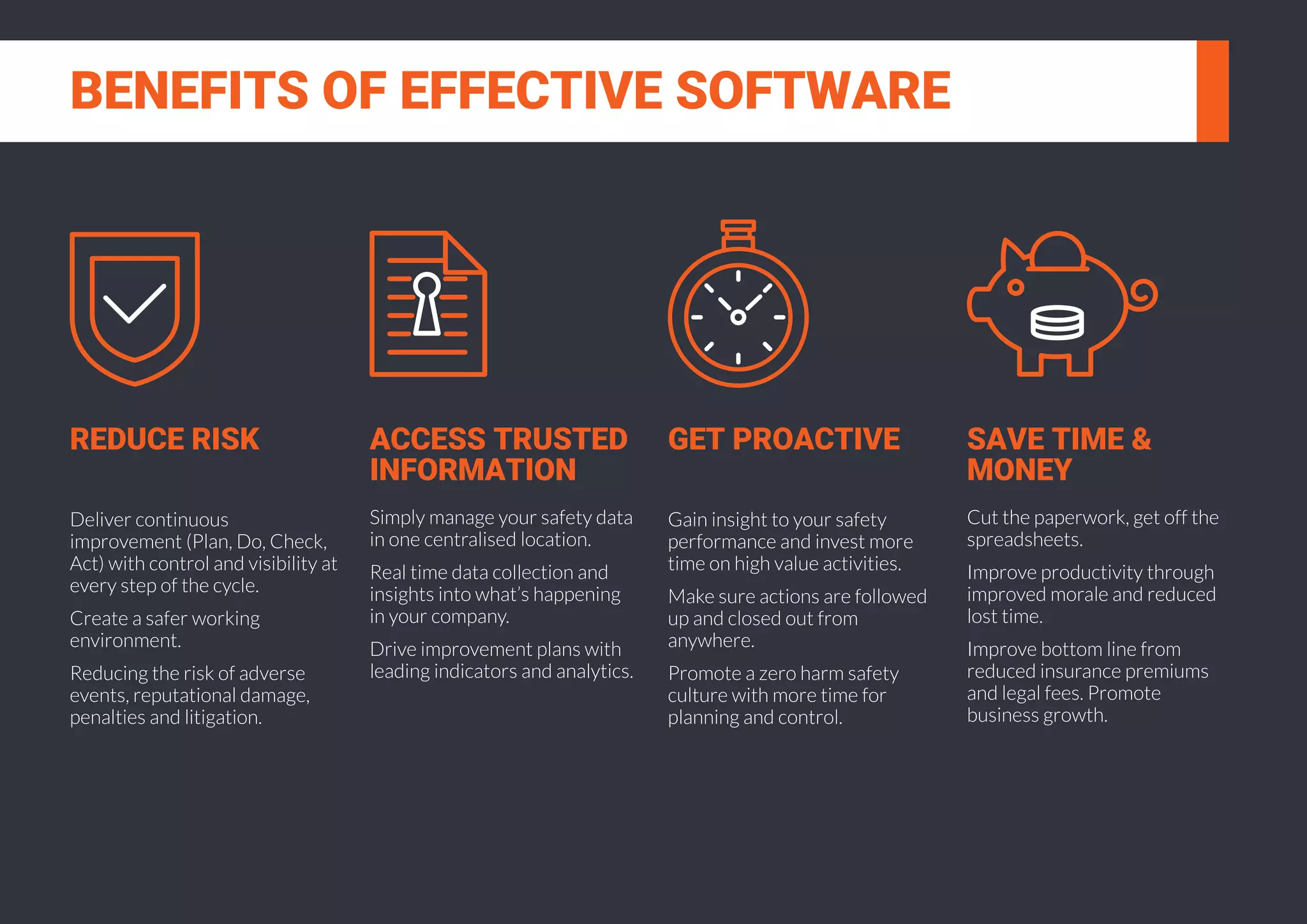 REDUCE RISK
Deliver continuous
improvement (Plan, Do, Check,
Act) with control and visibility at
every step of the cycle.
Create a safer working
environment.
Reducing the risk of adverse
events, reputational damage,
penalties and litigation.
BENEFITS OF EFFECTIVE SOFTWARE
ACCESS TRUSTED
INFORMATION
Simply manage your safety data
in one centralised location.
Real time data collection and
insights into what’s happening
in your company.
Drive improvement plans with
leading indicators and analytics.
SAVE TIME &
MONEY
Cut the paperwork, get off the
spreadsheets.
Improve productivity through
improved morale and reduced
lost time.
Improve bottom line from
reduced insurance premiums
and legal fees. Promote
business growth.
GET PROACTIVE
Gain insight to your safety
performance and invest more
time on high value activities.
Make sure actions are followed
up and closed out from
anywhere.
Promote a zero harm safety
culture with more time for
planning and control.
 