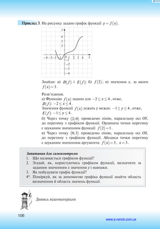 106
Приклад 3.	На рисунку задано графік функції y f x= ( ).
y
x1 4320–1–3–2–4
–1
–2
–3
4
3
2
–4
Знайди: а) D f( ) і E f( ); б) f 2( ); в) значення x, за якого
f x( )= 3.
Розв’язання.
а) Функцію f x( ) задано для − ≤ ≤2 4x , отже,
D f( ): − ≤ ≤2 4x .
Значення функції f x( ) лежать у межах: − ≤ ≤1 4y , отже,
E f( ): − ≤ ≤1 4y .
б) Через точку 2 0;( ) проведемо лінію, паралельну осі OY,
до перетину з графіком функції. Ордината точки перетину
є шуканим значенням функції: f 2 1( )= .
в) Через точку 0 3;( ) проведемо лінію, паралельну осі OX,
до перетину з графіком функції. Абсциса точки перетину
є шуканим значенням аргумента: f x( )= 3, x = 3 .
Запитання для самоконтролю
1.	 Що називається графіком функції?
2.	 Згадай, як, користуючись графіком функції, визначити за
заданим значенням x значення y і навпаки.
3.	 Як побудувати графік функції?
4*.	Поміркуй, як за допомогою графіка функції знайти область
визначення й область значень функції.
  Дивись відеоматеріали
www.e-ranok.com.ua
 