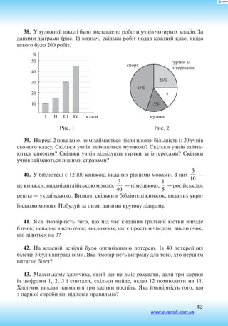 13
38.  У художній школі було виставлено роботи учнів чотирьох класів. За
даними діаграми (рис. 1) визнач, скільки робіт подав кожний клас, якщо
всього було 200 робіт.
Рис. 1 Рис. 2
10
20
30
40
50
I IVIIIII класи
%
музика
25%
45%
15%
гуртки за
інтересами
спорт
?
39.  На рис. 2 показано, чим займається після школи більшість із 20 учнів
сьомого класу. Скільки учнів займаються музикою? Скільки учнів займа
ються спортом? Скільки учнів відвідують гуртки за інтересами? Скільки
учнів займаються іншими справами?
40.  У бібліотеці є 12 000 книжок, виданих різними мовами. З них
3
10
 —
це книжки, видані англійською мовою,
3
40
 — німецькою,
1
5
 — російською,
решта — українською. Визнач, скільки в бібліотеці книжок, виданих укра
їнською мовою. Побудуй за цими даними кругову діаграму.
41.  Яка ймовірність того, що під час кидання гральної кістки випаде
6 очок; непарне число очок; число очок, що є простим числом; число очок,
що ділиться на 3?
42.  На класній вечірці було організовано лотерею. Із 40 лотерейних
білетів 5 були виграшними. Яка ймовірність виграшу для того, хто першим
витягне білет?
43.  Маленькому хлопчику, який ще не вміє рахувати, дали три картки
із цифрами 1, 2, 3 і спитали, скільки вийде, якщо 12 помножити на 11.
Хлопчик виклав навмання три картки поспіль. Яка ймовірність того, що
з першої спроби він відповів правильно?
www.e-ranok.com.ua
 