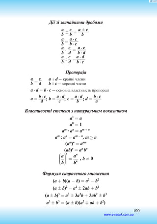 199
Дії зі звичайними дробами
a	 c	 a  c
	 	 =
b	 b	 b
a	 a  c
	 =
b	 b  c
a	 c	 a  c
	 	 =
b	 d	 b  d
a	 c	 a  d
	:	 =
b	 d	 b  c
Пропорція
a	 c	 a і d — крайні члени
	 =	
b	 d	 b і c — середні члени
a  d = b  c — основна властивість пропорції
	 b  c
;
	 a  d
;
	 a  d 
;
	 b  c
a =		 b =	 c =	 d =
	 d	 c	 b	 a
Властивості степеня з натуральним показником
a1
= a
a0
= 1
am
 an
= am + n
am
: an
= am – n
, m ≥ n
(am
)n
= amn
(ab)n
= an
bn
a
b
a
b
n n
n





 = , b ≠ 0
Формули скороченого множення
(a + b)(a − b) = a2
− b2
(a  b)2
= a2
 2ab + b2
(a  b)3
= a3
 3a2
b + 3ab2
 b3
a3
 b3
= (a  b)(a2
 ab + b2
)
www.e-ranok.com.ua
 