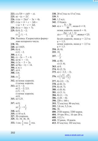202
223.	є) x2
(9  x)(9  x).
225.	в) (x  2)2
.
226.	г) (a  2)(a2
 3a  4).
227.	г) (a  b  c  2d) ×
× (a  b  c  2d).
228.	б) (x  1)(x  7).
229.	б) 0; 2; 2;
	ґ) 
3
4
; 1; 1.
234.	Указівка. Ско­рис­тай­ся фор­му­
лою не­пар­но­го чис­ла.
238.	Ні.
240.	в) 11025.
299.	б) 4;
	 г) 2; 2.
300.	а; г; д.
301.	ґ) 2x  7  0.
302.	в) 4x  11.
304.	ґ) 3x  5  2x.
305.	в) 9(x 1)  14.
306.	а; в; г.
307.	д) 4.
308.	ґ) 6.
310.	ґ) 
3
1
.
312.	в) немає коренів;
	 ґ) немає коренів.
313.	а) 3; 2;
	 в) 2; 2; 2,5;
	 г) 5; 5;
	 ґ) немає коренів;
	 д) 0.
315.	в) 5,25.
317.	в) 8;
	д) 
2
3
; 1
3
1
.
318.	в) 8.
319.	г) 10 та 8.
327.	50 сторінок.
329.	32; 34; 36; 38.
333.	1 км; 
3
1
 год; 
4
1
 год.
338.	20 м3
/год та 15 м3
/год.
339.	9.
340.	1,5 м/с.
342.	15 бджіл.
343.	в) x 
6  5b

4b
, якщо b  0;
	 немає коренів, якщо b  0;
	д) x 
2(q  p  1)

5  2p
,якщор 2,5;
	 безліч коренів, якщо p  2,5 та
q  1,5;
	 немає коренів, якщо p  2,5 та
q  1,5.
354.	(6; 6).
355.	19.
357.	
2
3
.
358.	а) Ні;
	 г) (3; 4).
363.	а) 0.
374.	б) (2; 5).
375.	в) (3,5; 3).
376.	г) 2
1
1
4
1
; 2
7
6

.
377.	б) (12; 2).
378.	а) (6; 1).
379.	б) (4; 7).
380.	г) (0; 6).
381.	ґ) (3; 1).
384.	б) (1; 1).
386.	г) (0; 4).
390.	220 г; 160 г.
393.	72 км/год; 90 км/год.
395.	3,8 см; 5,2 см.
396.	38.
400.	2520 марок; 3280 марок.
404.	19 грн 50 к.; 16 грн 20 к.
408.	112,5 г.
410.	32 роки, 10 років.
413.	85 км/год; 102 км/год.
www.e-ranok.com.ua
 