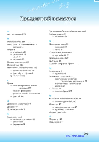 203
Предметний покажчик
А
Аргумент функції 98
В
Виколота точка 113
Винесення спільного множника
за дужки 73
Вираз 19
—  зі змінними 19
—  степеневий 24
—  цілий 20
—  числовий 19
Вирази тотожно рівні 20
Вільний член 129
Властивості лінійної функції 112
—  рівнянь основні 126, 150
— функції y = kx (прямої
пропорційності) 115
Г
Графік
—  лінійного рівняння з двома
змінними 153
—  лінійної функції 111
—  рівняння з двома змінними 153
—  функції 104
Д
Додавання многочленів 49
Двочлен 49
Ділення степенів 29
З
Задання функції
—  за допомогою таблиці 98
—  описом 100
—  формулою 99
Зведення подібних членів многочлена 48
Змінна залежна 99
—  незалежна 98
К
Квадрат двочлена 66
—  неповний 80
—  числа 24
Коефіцієнт одночлена 43
—  при змінній 129
Корінь рівняння 125
Куб числа 24
Кутовий коефіцієнт прямої 111
М
Многочлен 48
—  нульовий 48
Множення одночленів 43
—  одночлена на многочлен
(многочлена на одночлен) 54
—  многочлена на многочлен 59
—  степенів 29
Множина 97
—  значень функції 97
О
Область визначення функції 98, 99
—  значень функції 97, 100
Одночлен 43
—  стандартного вигляду 43
—  нульового степеня 44
Основа степеня 24
П
Параметр 143
Підмножина 97
www.e-ranok.com.ua
 
