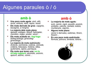 Algunes paraules ò / ó
amb ò
 Uns pocs mots aguts: això, allò,
arròs, anticòs, retrò, repòs, ressò
 Els mots derivats de gros: capgròs,
bocagròs, a l’engròs
 La majoria dels mots plans:
apòstol, eslògan, filòsof, helicòpter,
monòton, òrgan, pòster, sòcol…
 Els mots acabats en –leg/-loga:
biòleg-biòloga; ginecòleg-
ginecòloga…
 La majoria de mots esdrúixols:
Antònia, cerimònia, colònia, còmode,
cridòria, fotocòpia, història, òliba,
quilòmetre, òpera, parròquia.
 Els mots que tenen una i en la
síl·laba següent: alcohòlic, anònim,
apòcrif, atòmic, còmic…
amb ó
 La majoria de mots aguts:
avió, camió, cigró, pavelló, posició,
ambdós, calorós, cartabó, esbós,
muntanyós, vigorós…
 Alguns mots plans:
córrer (i derivats), estómac, fórem,
fóssim…
 En uns pocs mots esdrúixols:
fórmula, pólvora, tómbola, tórtora…
 