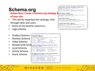 Schema.org
Action Item: Create a schema.org strategy for each page
of your site.
• This will be important for rankings, cl...