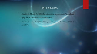 REFERENCIAS
• Charles G. Morris A, (2006)Introducción a la psicología:Aprendizaje
(pág. 53-70). México: PPH Prentice Hall.
• Sánchez González, D. J. (2006). Biología celular y molecular. Editorial Alfil, S.
A. de C. V.
 