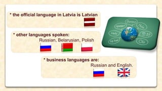 * other languages spoken:
Russian, Belarusian, Polish
* business languages are:
Russian and English.
* the official language in Latvia is Latvian
 