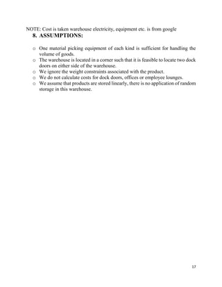17
NOTE: Cost is taken warehouse electricity, equipment etc. is from google
8. ASSUMPTIONS:
o One material picking equipment of each kind is sufficient for handling the
volume of goods.
o The warehouse is located in a corner such that it is feasible to locate two dock
doors on either side of the warehouse.
o We ignore the weight constraints associated with the product.
o We do not calculate costs for dock doors, offices or employee lounges.
o We assume that products are stored linearly, there is no application of random
storage in this warehouse.
 