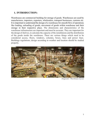 1
1. INTRODUCTION:
Warehouses are commercial building for storage of goods. Warehouses are used by
manufactures, importers, exporters, wholesalers, transport businesses, customs etc.
It is important to understand the design of a warehouse for smooth flow of operations
like loading, unloading of goods, movement of goods within warehouse and their
storage in their respective place. The dimensions and characteristics of the
warehouse infrastructure are important and must be accurate. They are important for
the design of shelves, to calculate the capacity of the installations and the distribution
of the goods inside the warehouse. There are various things which need to be
considered access, floors, windows, columns, boxes, lines and power lines.
Buildings regulations, design according to weather and location should be studied
properly.
Diagram1: Warehouse layout
 