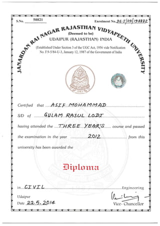 Civil Diploma And Marksheet
