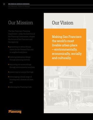 Our VisionOur Mission
The San Francisco Planning
Department, under the direction of
the Planning Commission, shapes
the future of San Francisco and
the region by:
» generating an extraordinary
vision for the General Plan and
in neighborhood plans;
» fostering exemplary design
through planning controls;
» improving our surroundings
through environmental analysis;
» preserving our unique heritage;
» encouraging a broad range of
housing and a diverse job base;
and
» enforcing the Planning Code.
Making San Francisco
the world’s most
livable urban place
– environmentally,
economically, socially
and culturally.
Our Mission, Vision & Values
SA N FR A NCISCO PL A NNING DEPA RTMENT
12
 