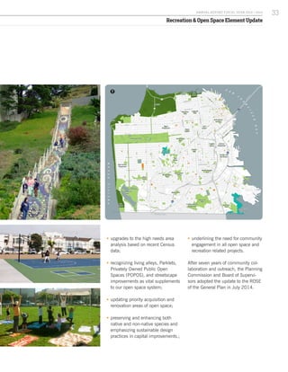 Recreation & Open Space Element Update
PACIFICOCEAN
S A
N
F
R
A
N
C
I
S
CO
BAY
CITY AND COUNTY OF SAN FRANCISCO
SAN MATEO COUNTY
101
101
101
280
280
80
BAY
BRIDGE
1
SFRPD Land in San Francisco City Limits: 3,433 acres
State-Owned Land: 255 acres
Candlestick, Mount Sutro
Federal-Owned Land:
Ocean Beach, Fort Funston, Fort Mason, Lands End, Sutro Heights, China Beach: 642 acres
Presidio: 1000 acres
Other: 560 acres
Campuses, pilot program schoolyards, SFPUC lands, SFRA parks, SF Port parks, linear open spaces such
as boulevards and parkways, and privately owned, publicly accessible open spaces in the Downtown.
Presidio
Golden Gate Park
McLaren
Park
Balboa Park
Buena Vista
Park
Stern
Grove
GGNRA Yerba Buena
Gardens
Fort
Mason
Marina
Green
Dolores
Park
Civic
Center
Franklin
Square
Jackson
Playground
Lake Merced
Park
Fort
Funston
Candlestick
Point SRA
Bernal Heights
ParkGlen Canyon
Park
Potrero Hill
Rec Center
Alamo
Square
Rossi
Playground
Lafayette
Park
Alta Plaza
Park
Heron’s Head
Park
Twin
Peaks
Mt. Sutro
Open Space
Mt. Davidson
Park
West Sunset
Playground
Crocker Amazon
Playground
Bay View
Park
L I N C O L N W A Y
N O R I E G A S T
G E A R Y B L V D
F U L T O N S T
F E L L
S T
T A R A V A L S T
S L O A T B L V D
19THAVE
P O R T O L A
D R
SUNSETBLVD
M
ISSION
ST
O C E A N A V E
G E N E V A
A V E
3RDST
2 4 T H S T
C E S A R C H A V E Z S T
MISSIONST
POTREROAVE
CASTROST
DIVISADERO
ST
LO M B A R D S T
B A Y S T
B R O A D W A Y S T
CO
LU
M
BU
S
ST
EM
BARCADERO
1 6 T H
S T
7TH
S
T
M
A
R
K
E
T
S
T
FO
LSO
M
ST
TO
W
N
SEN
D
ST
VANNESS
AVE
Recreation & Open Space Element | San Francisco General Plan
SAN FRANCISCO
PLANNING DEPARTMENT
Existing Open Space
MAP 01
10 Miles
I
ƒƒ upgrades to the high needs area
analysis based on recent Census
data;
ƒƒ recognizing living alleys, Parklets,
Privately Owned Public Open
Spaces (POPOS), and streetscape
improvements as vital supplements
to our open space system;
ƒƒ updating priority acquisition and
renovation areas of open space;
ƒƒ preserving and enhancing both
native and non-native species and
emphasizing sustainable design
practices in capital improvements.;
ƒƒ underlining the need for community
engagement in all open space and
recreation related projects.
After seven years of community col-
laboration and outreach, the Planning
Commission and Board of Supervi-
sors adopted the update to the ROSE
of the General Plan in July 2014.
33A NNUA L R EPORT FISCA L Y EA R 2013 / 2014
 