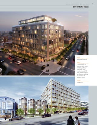2155 Webster Street
DESIGN
Handel Architects
DETAILS
Conversion of an
existing eight-story
building adding
two floors, plus
construction of 10
new townhomes on
an adjacent parking
lot, totaling 76
housing units.
OPENING
Early 2016
5A NNUA L R EPORT FISCA L Y EA R 2013 / 2014
 
