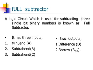  fULL subtractor
A logic Circuit Which is used for subtracting three
single bit binary numbers is known as Full
Subtracto...