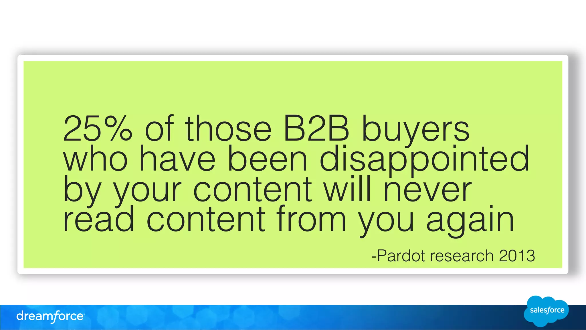 25% of those B2B buyers 
who have been disappointed 
by your content will never 
read content from you again 
-Pardot research 2013 
! 
! 
! 
! 
! 
 