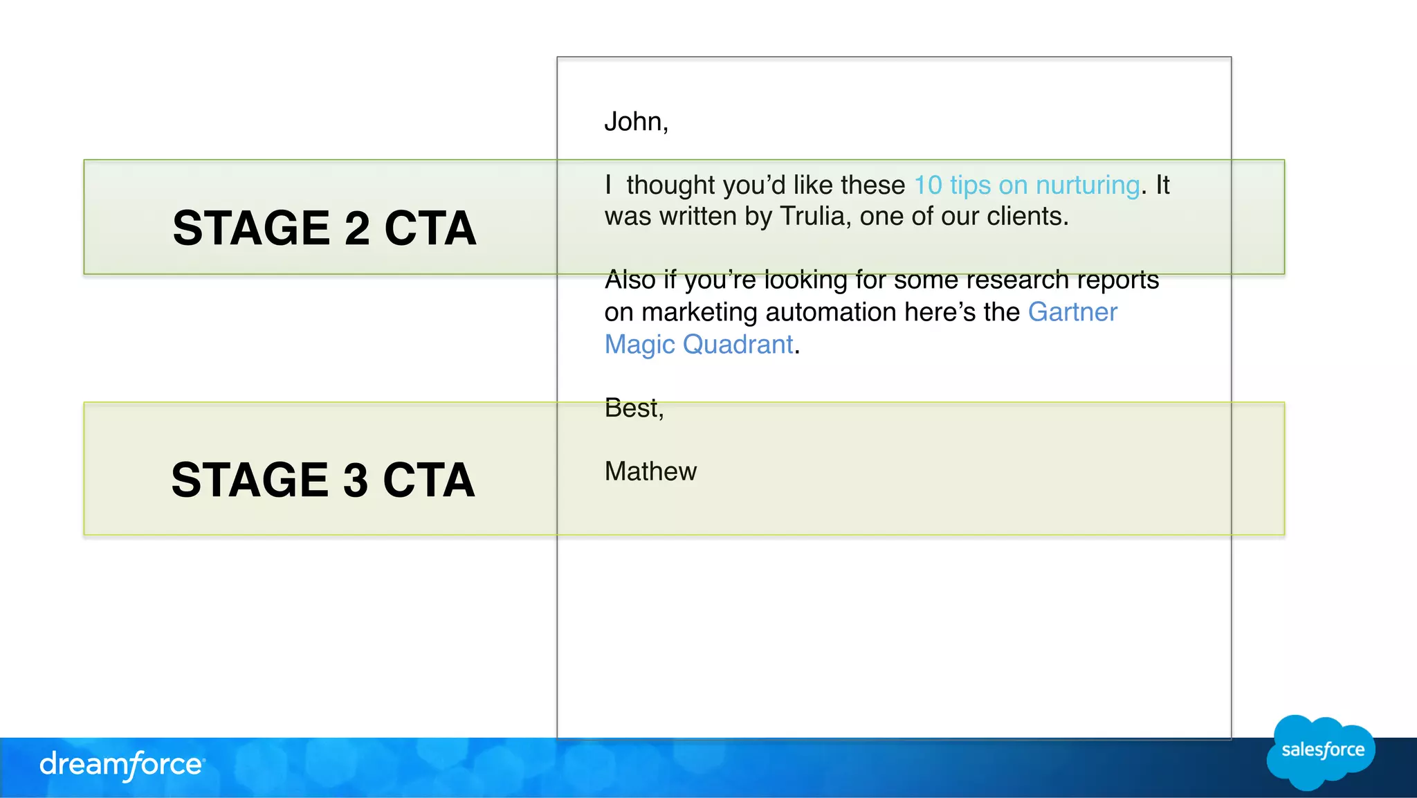 John, ! 
! 
I thought you’d like these 10 tips on nurturing. It 
was written by Trulia, one of our clients. ! 
! 
Also if you’re looking for some research reports 
on marketing automation here’s the Gartner 
Magic Quadrant. ! 
! 
Best, ! 
! 
Mathew ! 
! 
! 
! 
STAGE 2 CTA" 
STAGE 3 CTA" 
 