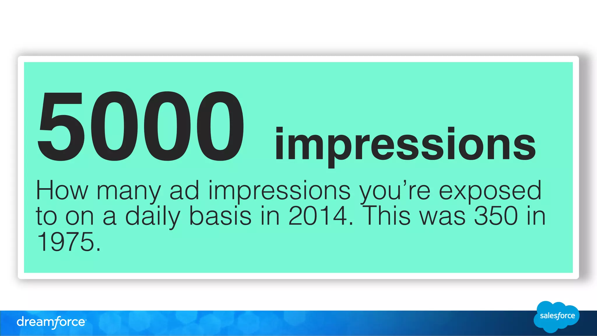 5000 impressions" 
How many ad impressions you’re exposed 
to on a daily basis in 2014. This was 350 in 
1975. 
! 
! 
! 
 