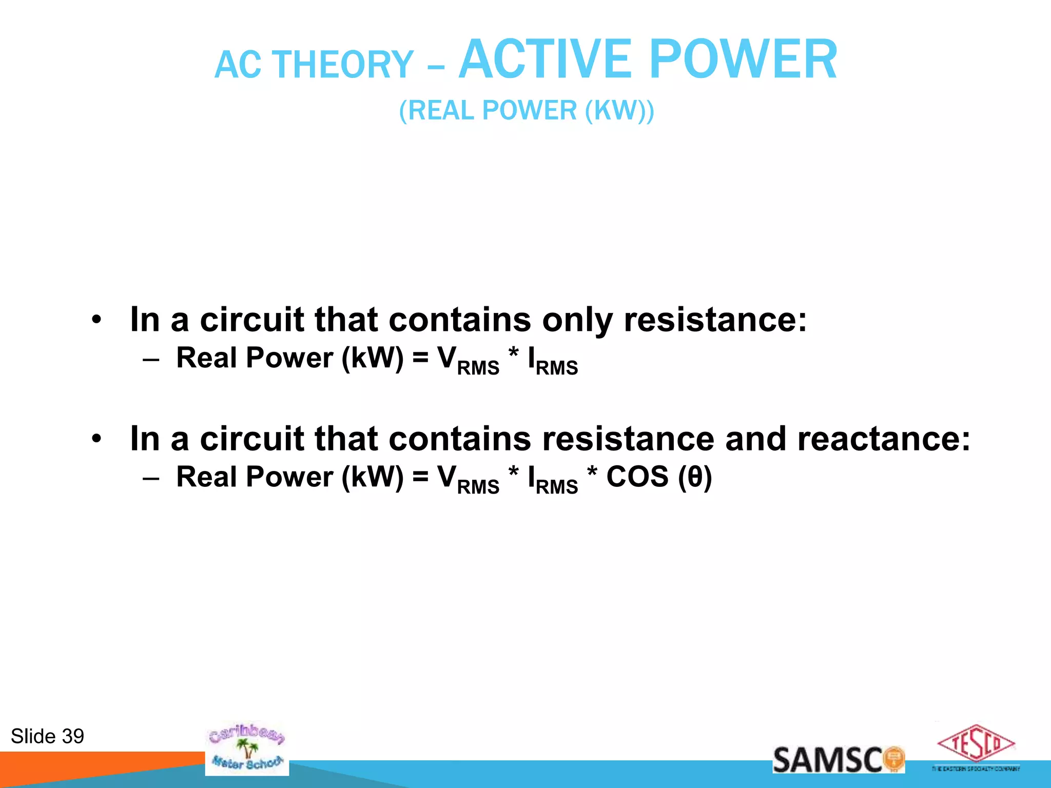 Slide 39
AC THEORY – ACTIVE POWER
(REAL POWER (KW))
• In a circuit that contains only resistance:
– Real Power (kW) = VRMS * IRMS
• In a circuit that contains resistance and reactance:
– Real Power (kW) = VRMS * IRMS * COS (θ)
 