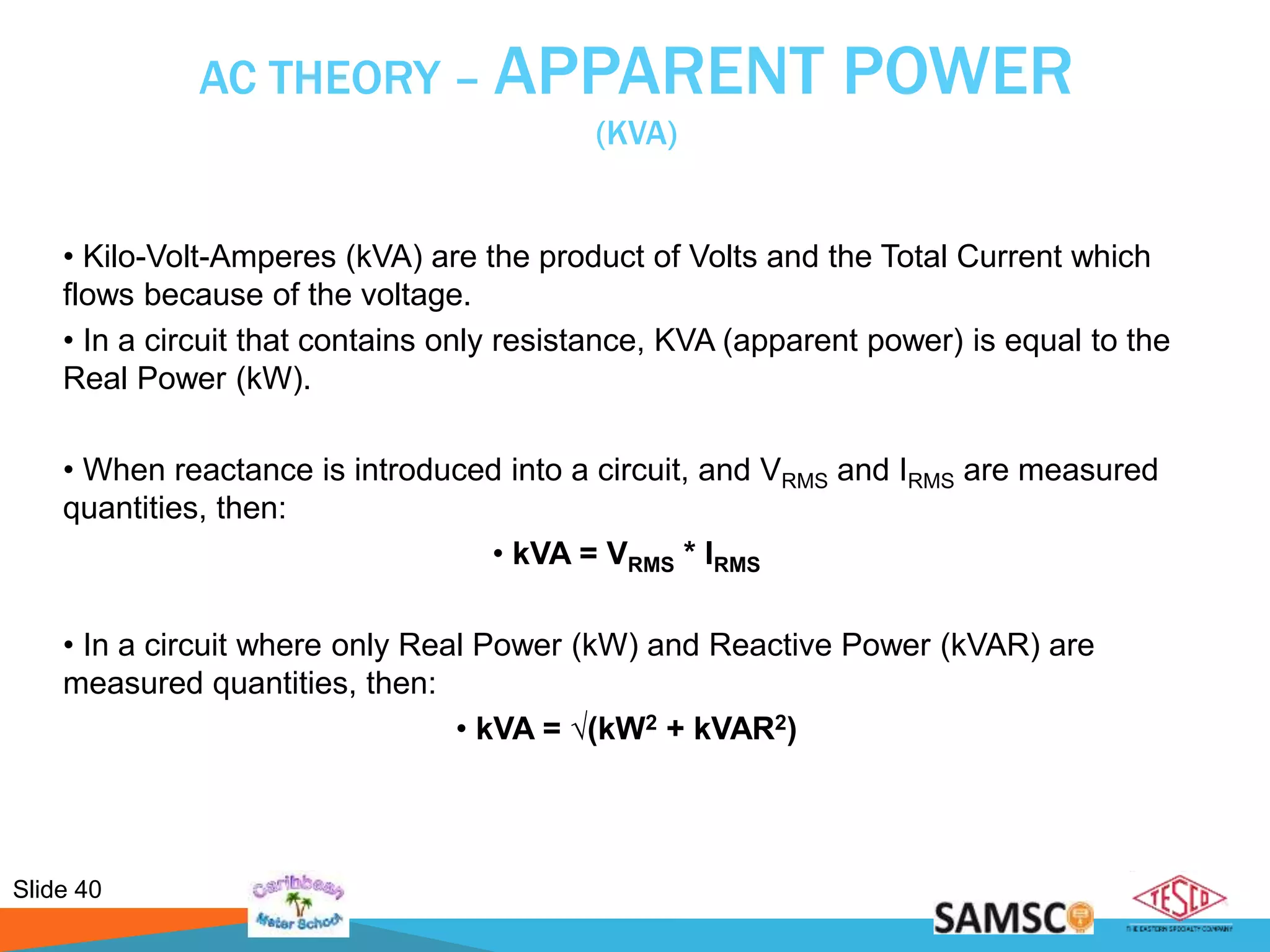 Slide 40
AC THEORY – APPARENT POWER
(KVA)
• Kilo-Volt-Amperes (kVA) are the product of Volts and the Total Current which
flows because of the voltage.
• In a circuit that contains only resistance, KVA (apparent power) is equal to the
Real Power (kW).
• When reactance is introduced into a circuit, and VRMS and IRMS are measured
quantities, then:
• kVA = VRMS * IRMS
• In a circuit where only Real Power (kW) and Reactive Power (kVAR) are
measured quantities, then:
• kVA = √(kW2 + kVAR2)
 