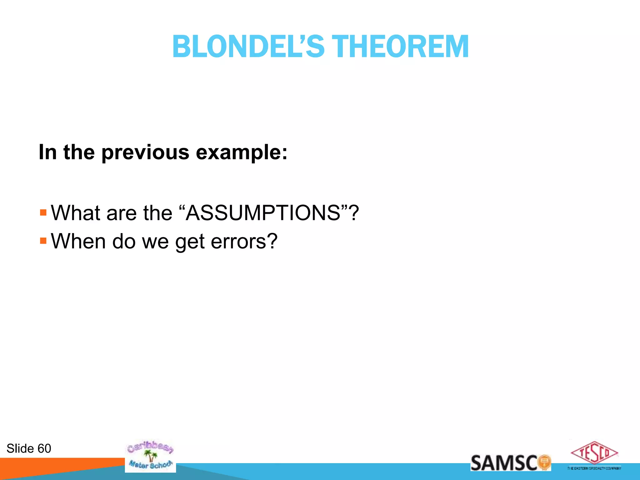 Slide 60
BLONDEL’S THEOREM
In the previous example:
What are the “ASSUMPTIONS”?
When do we get errors?
 