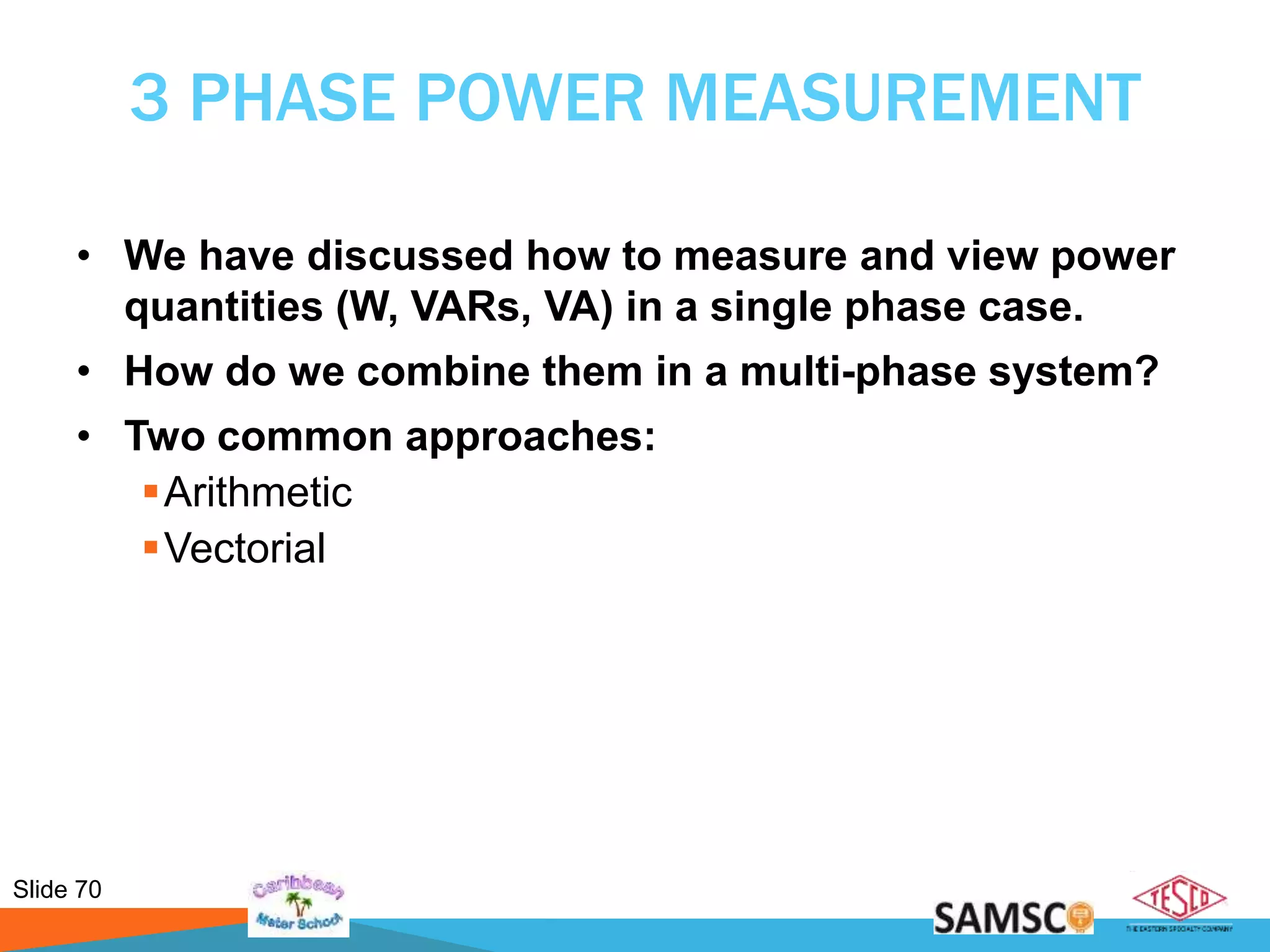 Slide 70
3 PHASE POWER MEASUREMENT
• We have discussed how to measure and view power
quantities (W, VARs, VA) in a single phase case.
• How do we combine them in a multi-phase system?
• Two common approaches:
Arithmetic
Vectorial
 