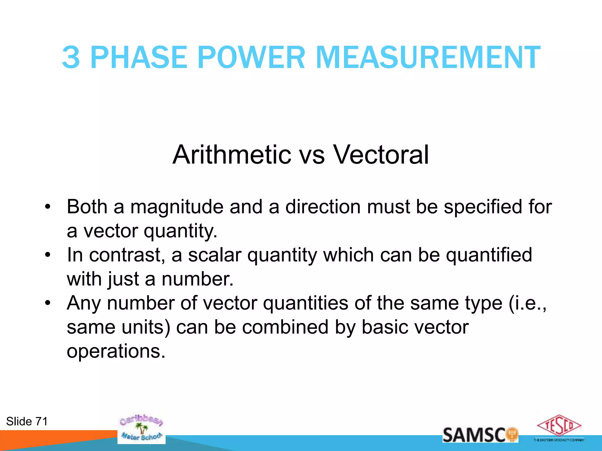 Slide 71
3 PHASE POWER MEASUREMENT
Arithmetic vs Vectoral
• Both a magnitude and a direction must be specified for
a vector quantity.
• In contrast, a scalar quantity which can be quantified
with just a number.
• Any number of vector quantities of the same type (i.e.,
same units) can be combined by basic vector
operations.
 