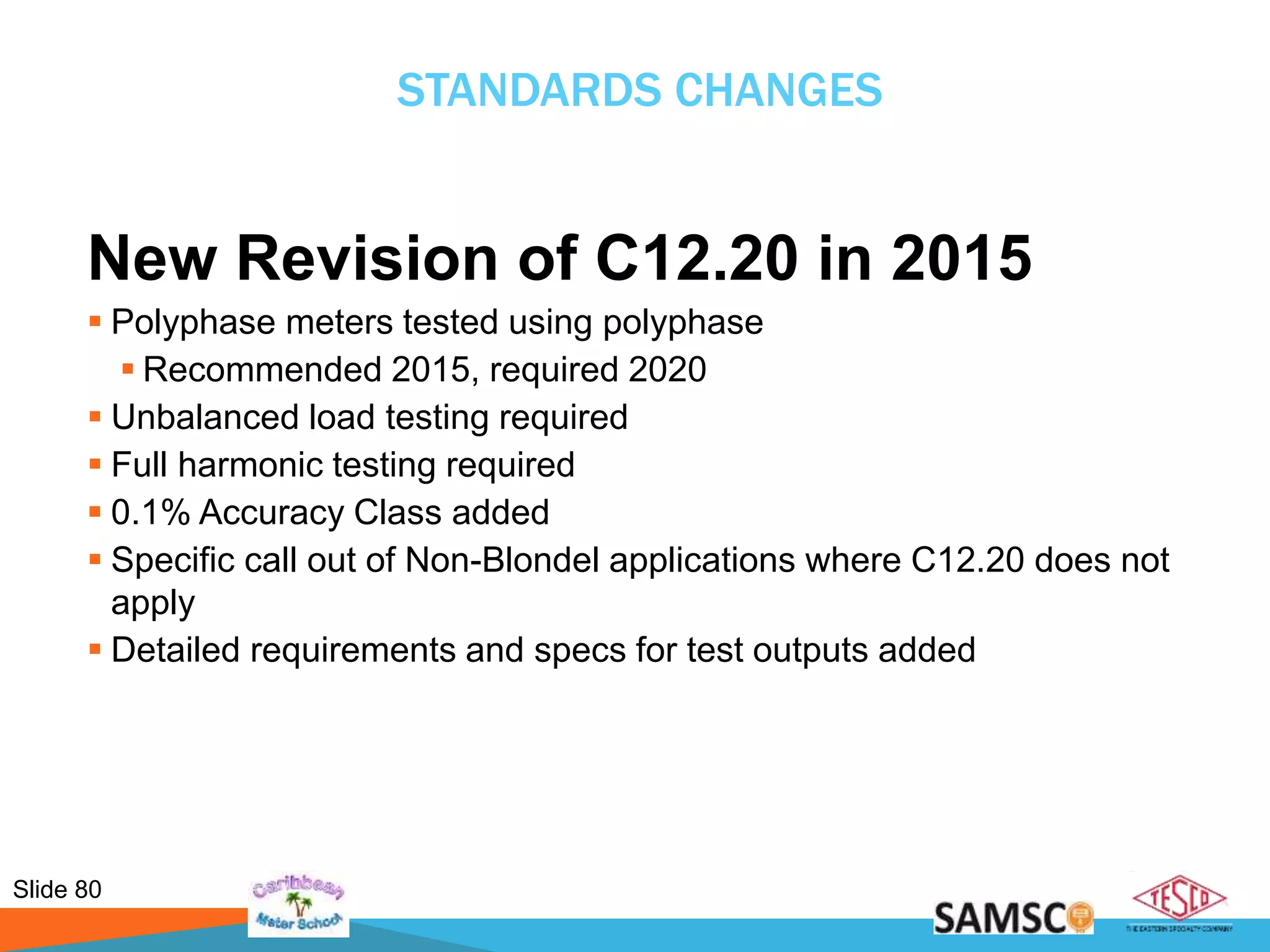 Slide 80
STANDARDS CHANGES
New Revision of C12.20 in 2015
 Polyphase meters tested using polyphase
 Recommended 2015, required 2020
 Unbalanced load testing required
 Full harmonic testing required
 0.1% Accuracy Class added
 Specific call out of Non-Blondel applications where C12.20 does not
apply
 Detailed requirements and specs for test outputs added
 