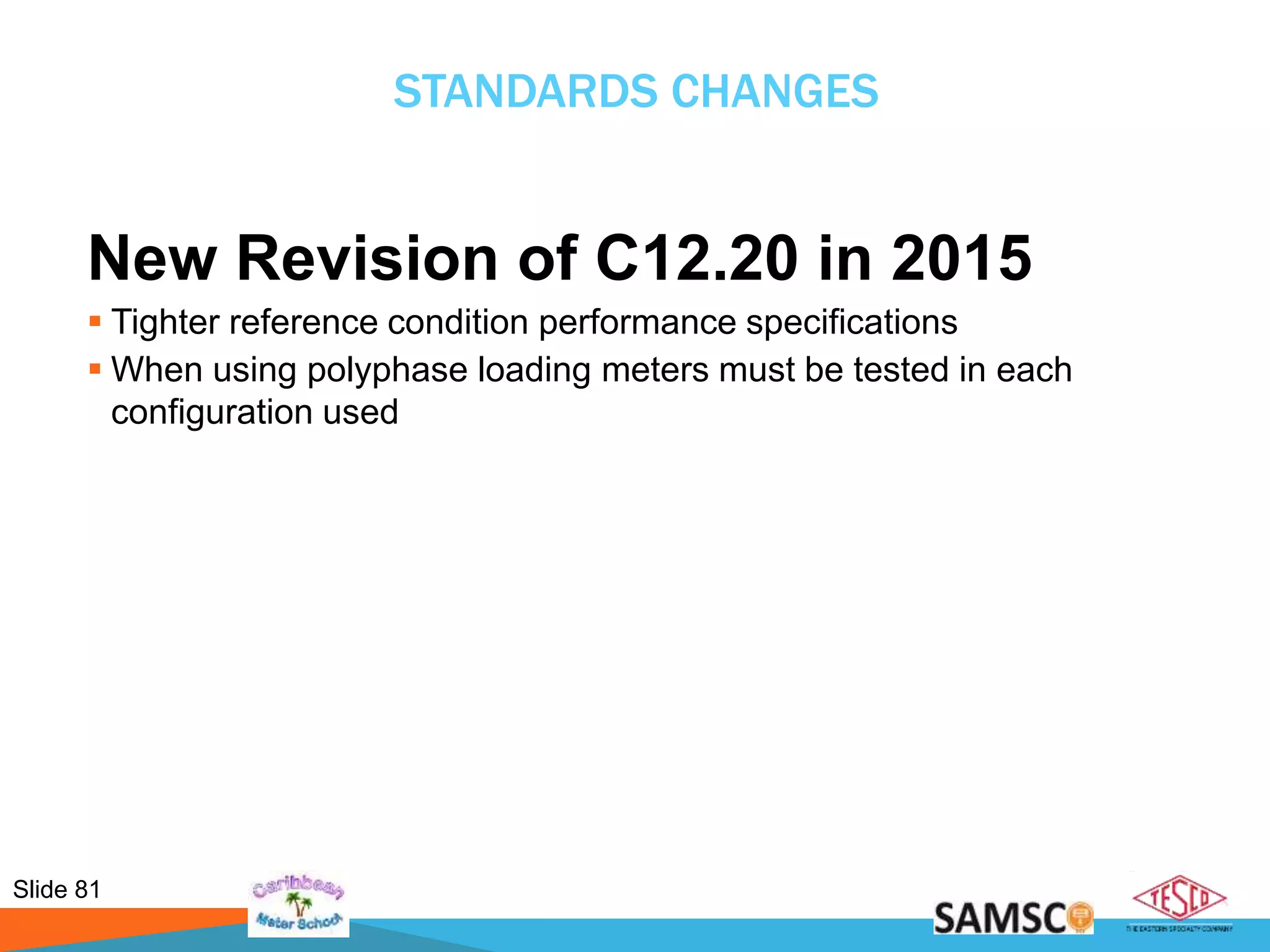 Slide 81
STANDARDS CHANGES
New Revision of C12.20 in 2015
 Tighter reference condition performance specifications
 When using polyphase loading meters must be tested in each
configuration used
 