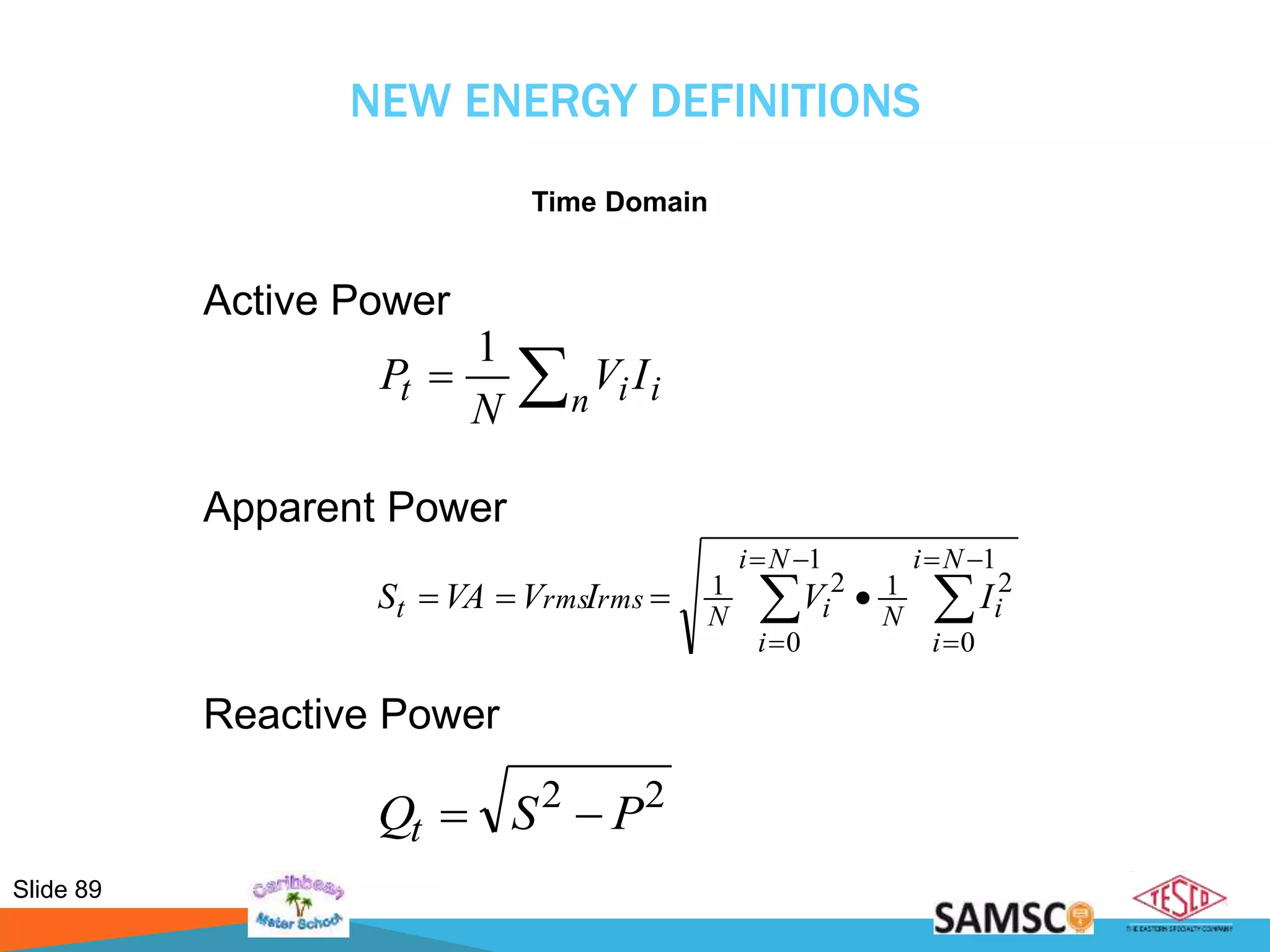Slide 89
NEW ENERGY DEFINITIONS
Time Domain

n iit IV
N
P
1






1
0
21
1
0
21
Ni
i
iN
Ni
i
iN
rmsrmst IVIVVAS
22
PSQt 
Active Power
Apparent Power
Reactive Power
 