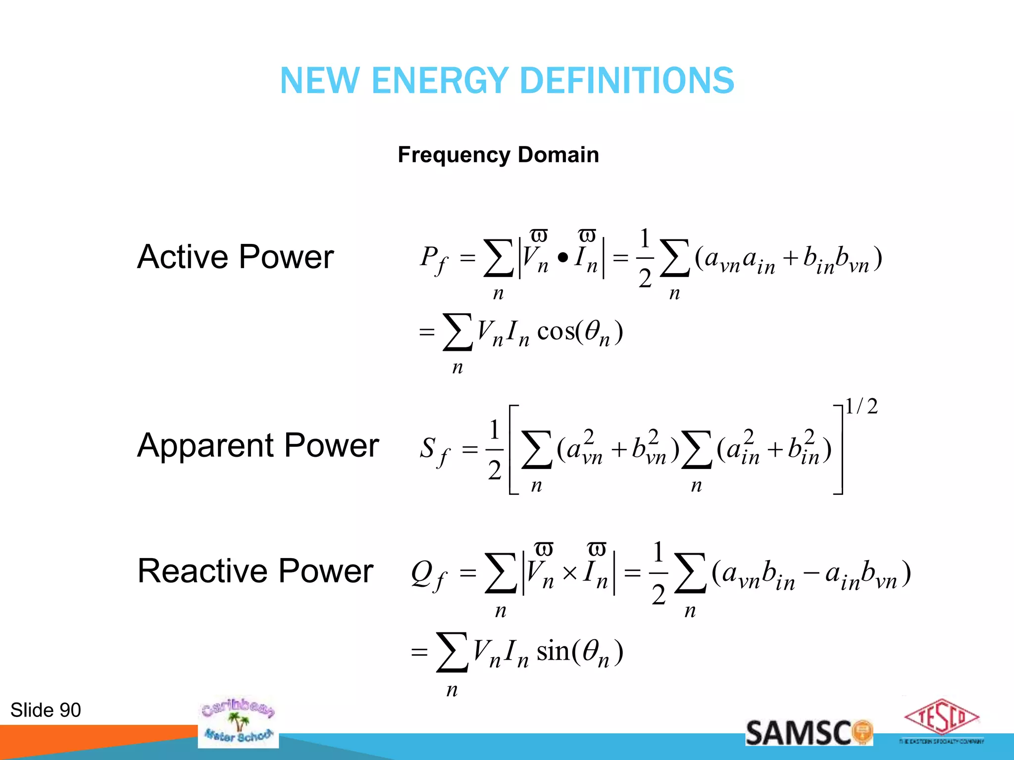 Slide 90
NEW ENERGY DEFINITIONS
Frequency Domain




n
nnn
n
vnininvn
n
nnf
IV
bbaaIVP
)cos(
)(
2
1


2/1
2222
)()(
2
1








  
n n
ininvnvnf babaS




n
nnn
n
vnininvn
n
nnf
IV
babaIVQ
)sin(
)(
2
1


Active Power
Apparent Power
Reactive Power
 