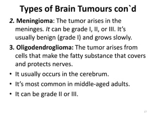 Types of Brain Tumours con`d
2. Meningioma: The tumor arises in the
meninges. It can be grade I, II, or III. It’s
usually benign (grade I) and grows slowly.
3. Oligodendroglioma: The tumor arises from
cells that make the fatty substance that covers
and protects nerves.
• It usually occurs in the cerebrum.
• It’s most common in middle-aged adults.
• It can be grade II or III.
17
 