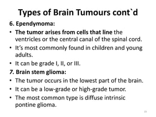 Types of Brain Tumours cont`d
6. Ependymoma:
• The tumor arises from cells that line the
ventricles or the central canal of the spinal cord.
• It’s most commonly found in children and young
adults.
• It can be grade I, II, or III.
7. Brain stem glioma:
• The tumor occurs in the lowest part of the brain.
• It can be a low-grade or high-grade tumor.
• The most common type is diffuse intrinsic
pontine glioma.
19
 