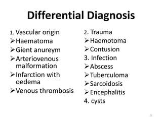 Differential Diagnosis
1. Vascular origin
Haematoma
Gient anureym
Arteriovenous
malformation
Infarction with
oedema
Venous thrombosis
2. Trauma
Haemotoma
Contusion
3. Infection
Abscess
Tuberculoma
Sarcoidosis
Encephalitis
4. cysts
25
 