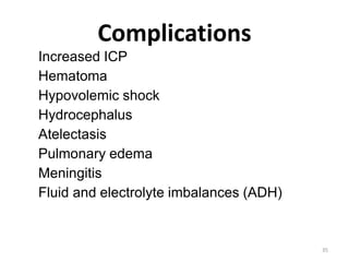 Complications
• Increased ICP
• Hematoma
• Hypovolemic shock
• Hydrocephalus
• Atelectasis
• Pulmonary edema
• Meningitis
• Fluid and electrolyte imbalances (ADH)
35
 