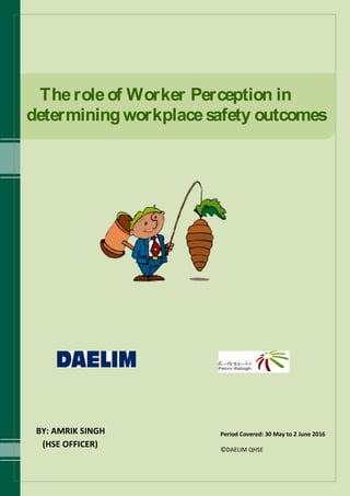 Theroleof Worker Perception in
determiningworkplacesafety outcomes
Period Covered: 30 May to 2 June 2016
©DAELIM QHSE
BY: AMRIK SINGH
(HSE OFFICER)
 