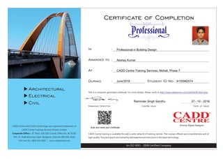 Scan and verify your Certificate
Professional in Building Design
Akshay Kumar
CADD Centre Training Services, Mohali, Phase 7
June'2016 A150982574
Raminder Singh Sandhu 27 - 10 - 2016
 