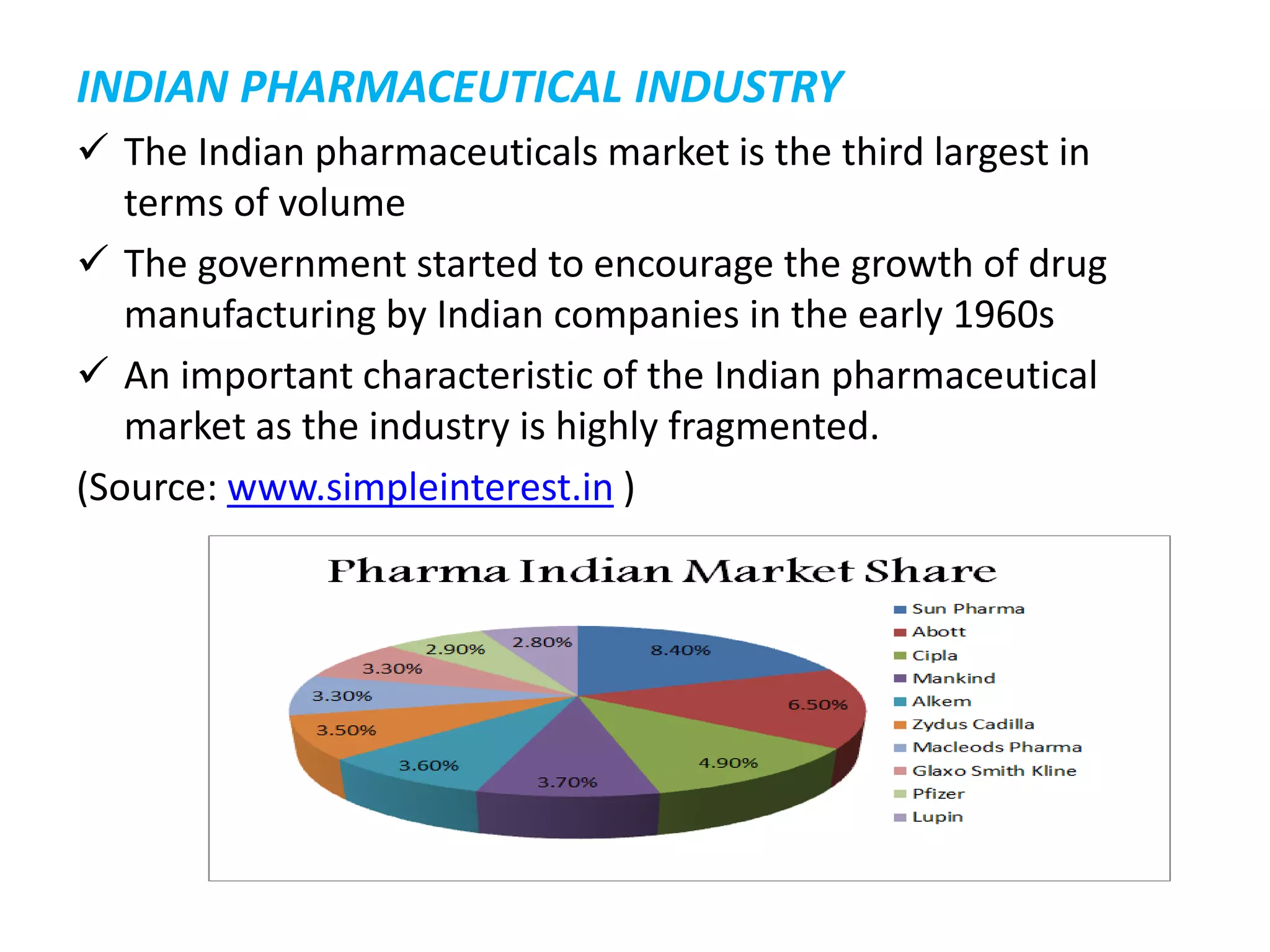 INDIAN PHARMACEUTICAL INDUSTRY
 The Indian pharmaceuticals market is the third largest in
terms of volume
 The government started to encourage the growth of drug
manufacturing by Indian companies in the early 1960s
 An important characteristic of the Indian pharmaceutical
market as the industry is highly fragmented.
(Source: www.simpleinterest.in )
 