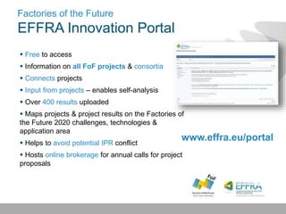 Factories of the Future
EFFRA Innovation Portal
www.effra.eu/portal
 Free to access
 Information on all FoF projects & consortia
 Connects projects
 Input from projects – enables self-analysis
 Over 400 results uploaded
 Maps projects & project results on the Factories of
the Future 2020 challenges, technologies &
application area
 Helps to avoid potential IPR conflict
 Hosts online brokerage for annual calls for project
proposals
 