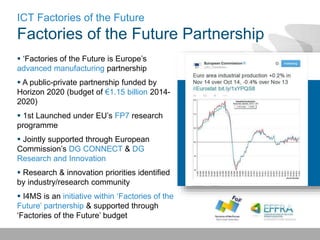 ICT Factories of the Future
Factories of the Future Partnership
 ‘Factories of the Future is Europe’s
advanced manufacturing partnership
 A public-private partnership funded by
Horizon 2020 (budget of €1.15 billion 2014-
2020)
 1st Launched under EU’s FP7 research
programme
 Jointly supported through European
Commission’s DG CONNECT & DG
Research and Innovation
 Research & innovation priorities identified
by industry/research community
 I4MS is an initiative within ‘Factories of the
Future’ partnership & supported through
‘Factories of the Future’ budget
 