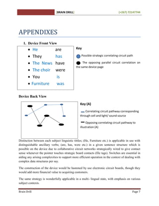 [BRAIN DRILL] (+267) 72147744
Brain Drill Page 7
APPENDIXES
1. Device Front View
Key
Possible strategic correlating circuit path
The opposing parallel circuit correlation on
the same device page
Device Back View
Key (A)
Correlating circuit pathway corresponding
through cell and light/ sound source
Opposing correlating circuit pathway to
illustration (A)
Distinction between each subject linguistic tittles; (He, Furniture etc.) is applicable in use with
distinguishable ancillary verbs; (are, has, were etc.) in a given sentence structure which is
possible on the device due to collaborative circuit networks strategically wired to give contact
sense whenever the pointer touches strategic board contacts (file tags). Switches are essential in
aiding any arising complexities to support more efficient operation in the context of dealing with
complex data structures per say.
The construction of the device would be hastened by use electronic circuit boards, though they
would add more financial value to acquiring customers.
The same strategy is wonderfully applicable in a multi- lingual state, with emphasis on various
subject contexts.
 He are
 They has
 The News have
 The choir were
 You is
 Furniture was
 