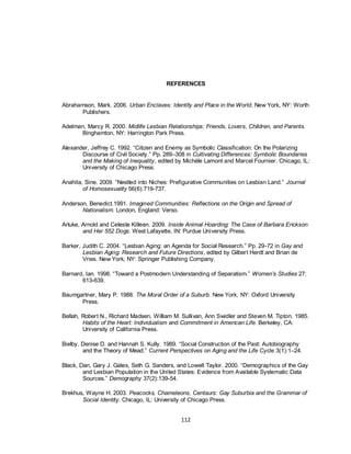112
REFERENCES
Abrahamson, Mark. 2006. Urban Enclaves: Identity and Place in the World. New York, NY: Worth
Publishers.
Adelman, Marcy R. 2000. Midlife Lesbian Relationships: Friends, Lovers, Children, and Parents.
Binghamton, NY: Harrington Park Press.
Alexander, Jeffrey C. 1992. ―Citizen and Enemy as Symbolic Classification: On the Polarizing
Discourse of Civil Society.‖ Pp. 289–308 in Cultivating Differences: Symbolic Boundaries
and the Making of Inequality, edited by Michèle Lamont and Marcel Fournier. Chicago, IL:
University of Chicago Press.
Anahita, Sine. 2009. ―Nestled into Niches: Prefigurative Communities on Lesbian Land.‖ Journal
of Homosexuality 56(6):719-737.
Anderson, Benedict.1991. Imagined Communities: Reflections on the Origin and Spread of
Nationalism. London, England: Verso.
Arluke, Arnold and Celeste Killeen. 2009. Inside Animal Hoarding: The Case of Barbara Erickson
and Her 552 Dogs. West Lafayette, IN: Purdue University Press.
Barker, Judith C. 2004. ―Lesbian Aging: an Agenda for Social Research.‖ Pp. 29-72 in Gay and
Lesbian Aging: Research and Future Directions, edited by Gilbert Herdt and Brian de
Vries. New York, NY: Springer Publishing Company.
Barnard, Ian. 1998. ―Toward a Postmodern Understanding of Separatism.‖ Women’s Studies 27:
613-639.
Baumgartner, Mary P. 1988. The Moral Order of a Suburb. New York, NY: Oxford University
Press.
Bellah, Robert N., Richard Madsen, William M. Sullivan, Ann Swidler and Steven M. Tipton. 1985.
Habits of the Heart: Individualism and Commitment in American Life. Berkeley, CA:
University of California Press.
Bielby, Denise D. and Hannah S. Kully. 1989. ―Social Construction of the Past: Autobiography
and the Theory of Mead.‖ Current Perspectives on Aging and the Life Cycle 3(1):1–24.
Black, Dan, Gary J. Gates, Seth G. Sanders, and Lowell Taylor. 2000. ―Demographics of the Gay
and Lesbian Population in the United States: Evidence from Available Systematic Data
Sources.‖ Demography 37(2):139-54.
Brekhus, Wayne H. 2003. Peacocks, Chameleons, Centaurs: Gay Suburbia and the Grammar of
Social Identity. Chicago, IL: University of Chicago Press.
 