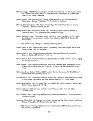 117
McIntosh, Peggy. 1988 [2004]. ―Unpacking the Invisible Knapsack,‖ Pp. 177-182 in Race, Class,
and Gender in the United States: An Integrated Study, edited by Paula S. Rosenberg.
New York, NY: Worth Publishers.
Melucci, Alberto. 1989. Nomads of the Present: Social Movements and Individual Needs in
Contemporary Society. Philadelphia, PA: Temple University Press.
Mohanty, Chandra Talpade. 1984. ―Under Western Eyes: Feminist Scholarship and Colonial
Discourses.‖ Boundary 2(12/13):333-358.
Moraga, Cherríe and Gloria Anzaldúa, eds. 1981. This Bridge Called My Back: Writings by
Radical Women of Color. Watertown, MA: Persephone Press.
Murray, Stephan O. 1992. ―Components of Gay Community in San Francisco.‖ Pp. 107-146 in
Gay Culture in America: Essays from the Field, edited by Gilbert Herdt. Boston, MA:
Beacon Press.
------. 1996. American Gay. Chicago, IL: University of Chicago Press.
Naples, Nancy A. 2003. Feminism and Method: Ethnography, Discourse Analysis, and Activist
Research. New York, NY: Routledge.
Nielson, Joyce M. 1990. Feminist Research Methods: Exemplary Readings in the Social
Sciences. Boulder, CO: Westview Press, Inc.
Norrick, Neal R. 2009. ―The Construction of Multiple Identities in Elderly Narrator‘s Stories.‖ Aging
and Society 29:903-927.
Piore, Michael J. 1995. Beyond Individualism: How Social Demands of the New Identity Groups
Challenge American Political and Economic Life. Cambridge, MA: Harvard University
Press.
Rabin, Joan S. and Barbara R. Slater. 2005. ―Lesbian Communities across the United States.‖
Journal of Lesbian Studies 9(1/2):169-182.
Radicalesbians. 1973. "The Woman-Identified Woman." Pp. 240-241 in Radical Feminism, edited
by Anne Koedt, Ellen Levine, and Anita Rapone. New York, NY: Times Books.
Rawls, Anne Warfield. 1987. ―Language, Self, and Social Order: a Reformulation of Goffman and
Sacks.‖ Human Studies 12:147-172.
Reinharz, Shulamit. 1992. Feminist Methods in Social Research. New York, NY: Oxford
University Press.
Rich, Adrienne. 1980. "Compulsory Heterosexuality and Lesbian Existence.‖ Journal of Women’s
History 15(3):11-48.
Rosenfeld, Dana. 2003. The Changing of the Guard: Lesbian and Gay Elders, Identity, and Social
Change. Philadelphia, PA: Temple University Press.
------. 2009. ―Heteronormativity and Homonormativity as Practical and Moral Resources.‖ Gender
and Society 23(5):617-638.
 