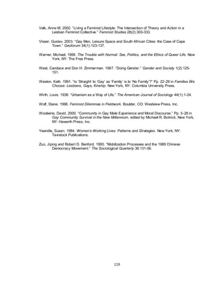 119
Valk, Anne M. 2002. ―Living a Feminist Lifestyle: The Intersection of Theory and Action in a
Lesbian Feminist Collective.‖ Feminist Studies 28(2):303-333.
Visser, Gustav. 2003. ―Gay Men, Leisure Space and South African Cities: the Case of Cape
Town.‖ Geoforum 34(1):123-137.
Warner, Michael. 1999. The Trouble with Normal: Sex, Politics, and the Ethics of Queer Life. New
York, NY: The Free Press.
West, Candace and Don H. Zimmerman. 1987. ―Doing Gender.‖ Gender and Society 1(2):125-
151.
Weston, Kath. 1991. ―Is ‗Straight‘ to ‗Gay‘ as ‗Family‘ is to ‗No Family‘?‖ Pp. 22-29 in Families We
Choose: Lesbians, Gays, Kinship. New York, NY: Columbia University Press.
Wirth, Louis. 1938. ―Urbanism as a Way of Life.‖ The American Journal of Sociology 44(1):1-24.
Wolf, Diane. 1996. Feminist Dilemmas in Fieldwork. Boulder, CO: Westview Press, Inc.
Woolwine, David. 2000. ―Community in Gay Male Experience and Moral Discourse.‖ Pp. 5-28 in
Gay Community Survival in the New Millennium, edited by Michael R. Botnick. New York,
NY: Haworth Press, Inc.
Yeandle, Susan. 1984. Women’s Working Lives: Patterns and Strategies. New York, NY:
Tavistock Publications.
Zuo, Jiping and Robert D. Benford. 1995. ―Mobilization Processes and the 1989 Chinese
Democracy Movement.‖ The Sociological Quarterly 36:131-56.
 