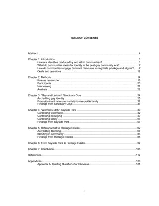 i
TABLE OF CONTENTS
Abstract………………………………………………………………………………………………………ii
Chapter 1: Introduction............................................................................................................1
How are identities produced by and within communities? ..............................................1
What do communities mean for identity in the post-gay community era?.........................2
How do communities engage dominant discourse to negotiate privilege and stigma? ......7
Goals and questions .................................................................................................12
Chapter 2: Methods ..............................................................................................................14
Role as researcher ...................................................................................................16
Participants ..............................................................................................................20
Interviewing..............................................................................................................21
Analysis ...................................................................................................................22
Chapter 3: ―Gay and Lesbian‖ Sanctuary Cove .......................................................................24
Accrediting gay identity .............................................................................................25
From dominant heteronormativity to low-profile family .................................................32
Findings from Sanctuary Cove...................................................................................37
Chapter 4: ―Women‘s-Only‖ Bayside Park ..............................................................................40
Contesting sisterhood ...............................................................................................42
Contesting belonging ................................................................................................49
Contesting safety ......................................................................................................53
Findings from Bayside Park.......................................................................................57
Chapter 5: Heteronormative Heritage Estates .........................................................................62
Accrediting blending..................................................................................................67
Blending in community ..............................................................................................83
Findings from Heritage Estates..................................................................................88
Chapter 6: From Bayside Park to Heritage Estates..................................................................92
Chapter 7: Conclusion.........................................................................................................105
References.........................................................................................................................112
Appendices ........................................................................................................................120
Appendix A: Guiding Questions for Interviews...........................................................121
 